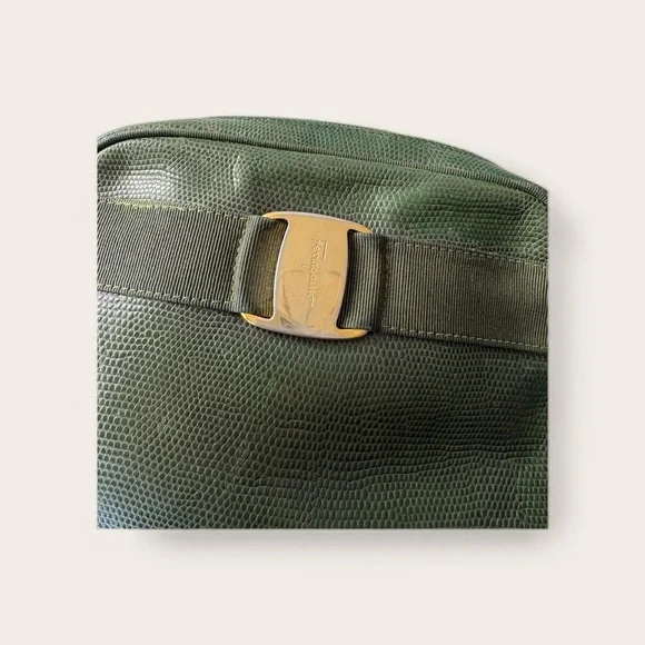 Vintage Salvatore Ferragamo Green Lizard Embossed Leather Vara Bow Crossbody Bag - Picture 2 of 7